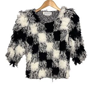 Sideffects Vintage Shaggy Sweater Hand Crocheted Checkered Pattern Vintage Small